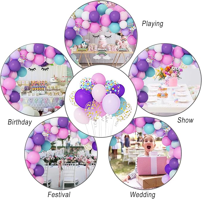 Pastel balloon arch garland kit in multi-scene collage with purple, pink and aqua balloons