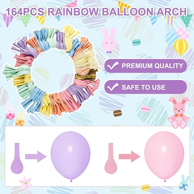 Rainbow balloon arch kit diagram with balloon sizes, colors, and step-by-step assembly icons