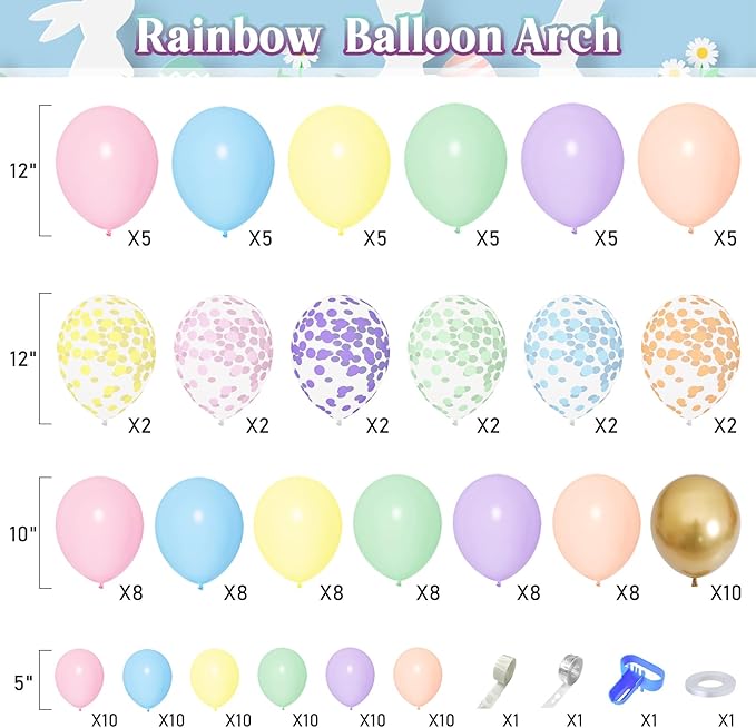 Rainbow balloon arch balloon count chart with pastel solid and confetti-print balloon sizes