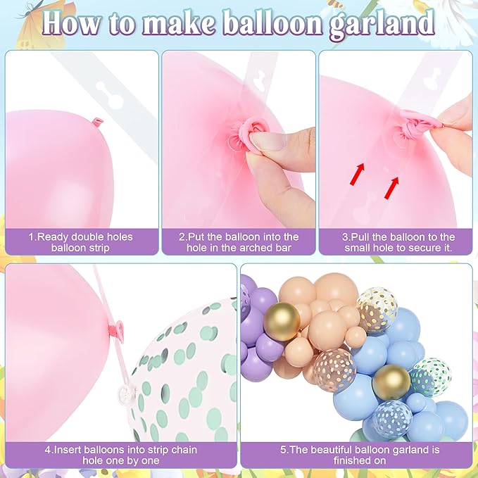 Balloon garland assembly instruction showing balloons inserted into an arch strip chain