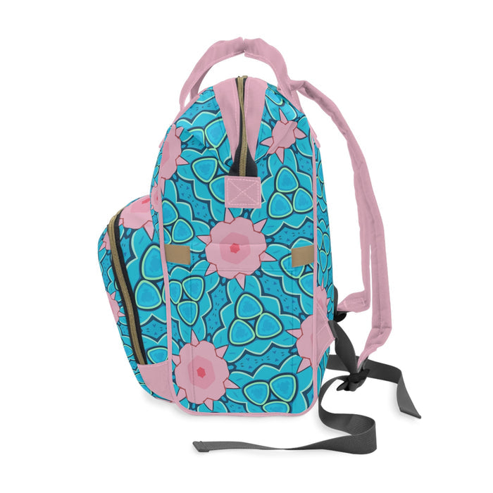 Aqua & Pink Lotus Scale Diaper Backpack – Turquoise Floral Pattern | Large Capacity Nappy Bag | Multiple Pockets | Baby Shower & New Mum Gift