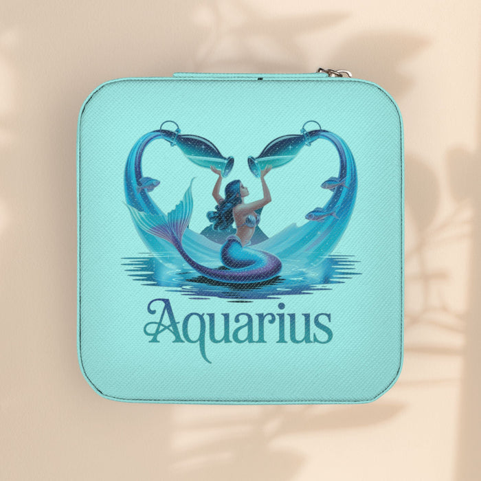 Compact zodiac travel jewelry case, turquoise with Aquarius graphic on front