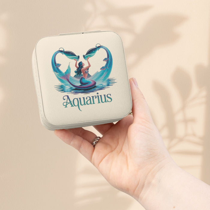 Compact zodiac travel jewelry case, ivory with Aquarius graphic on front