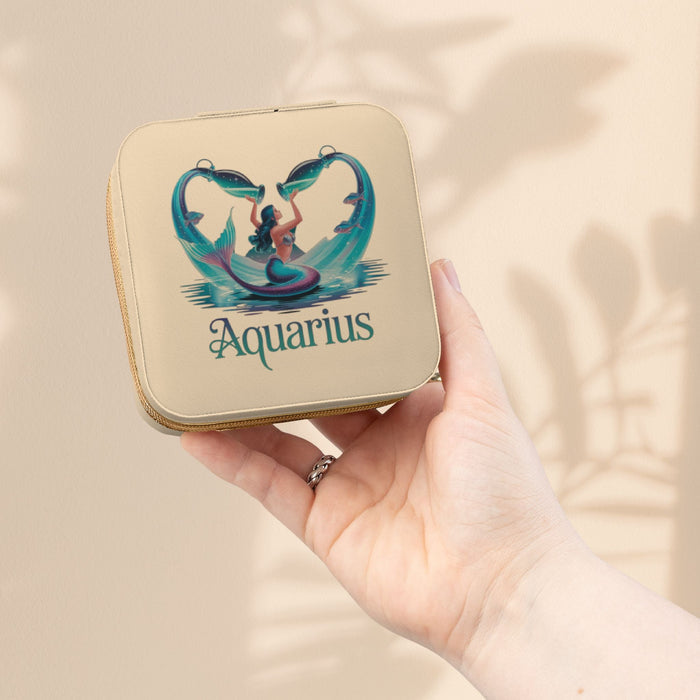 Compact zodiac travel jewelry case, soft gold with Aquarius graphic on front