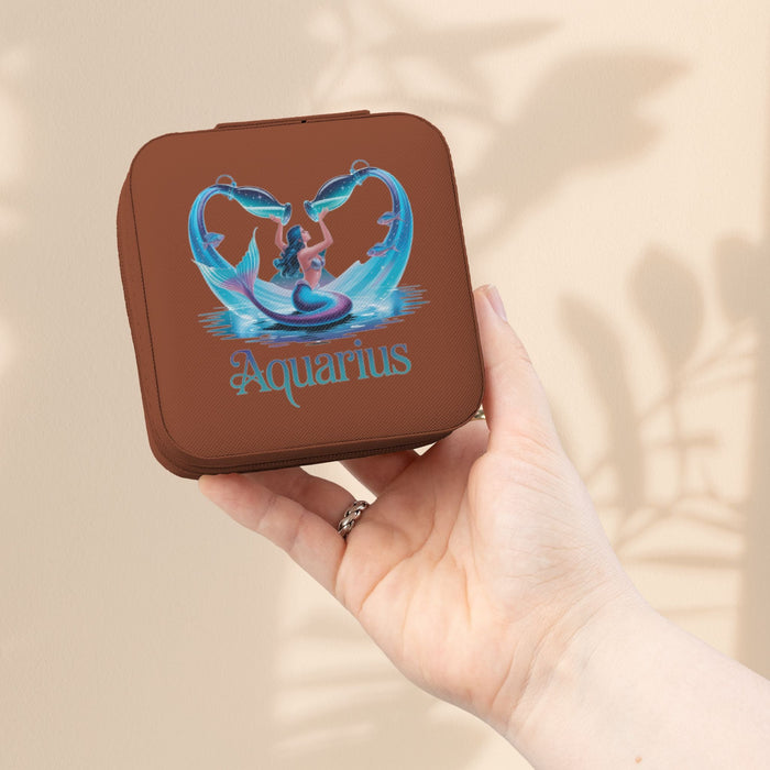 Compact zodiac travel jewelry case, brown with Aquarius graphic on front