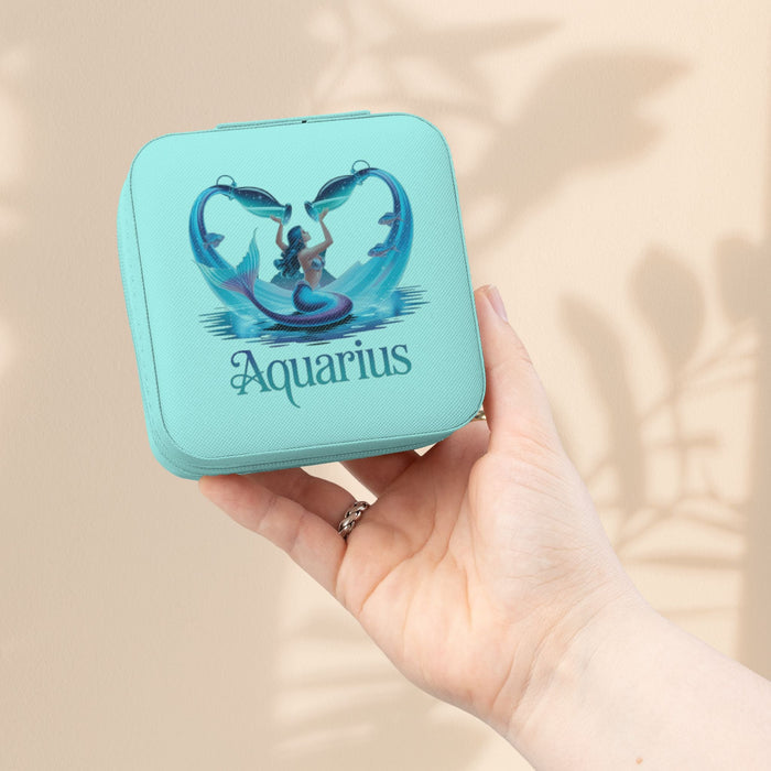 Compact zodiac travel jewelry case, turquoise with Aquarius graphic on front