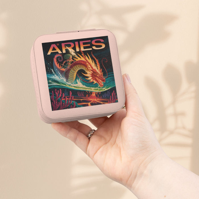 Pink zodiac jewelry travel case with ARIES front print, zip-top compact organizer