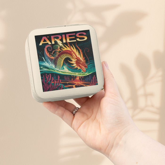 Ivory zodiac jewelry travel case with ARIES front print, zip-top compact organizer