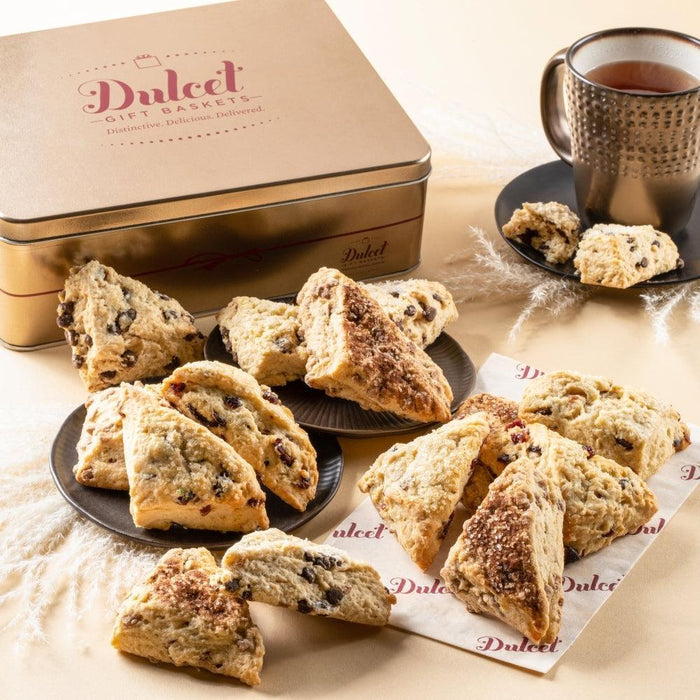 Dulcet scone assortment gift tin with assorted crumbly scones and paper wrap