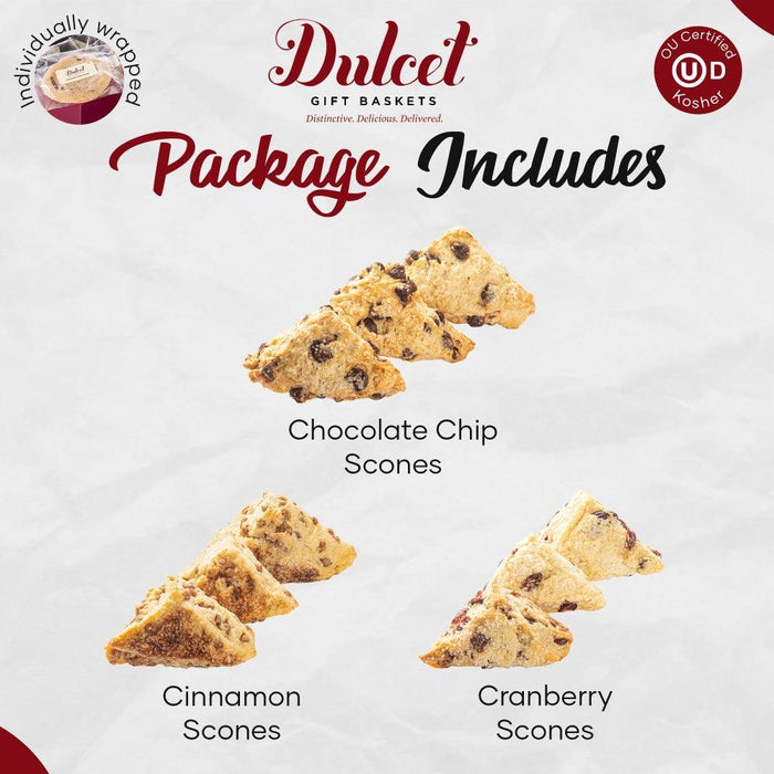 Assorted scone pieces on Dulcet gift basket package, arranged in three sections