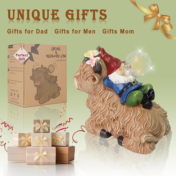 Solar highland cow gnome statue on gift-ready display with illuminated globe