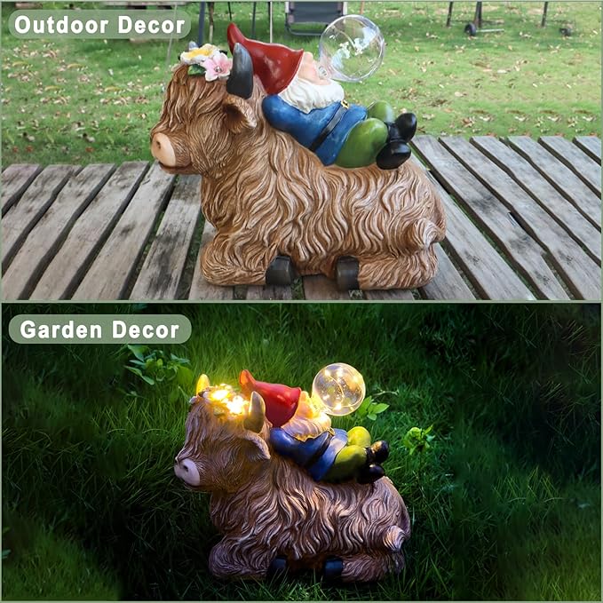 Solar highland cow gnome statue outdoors on wooden deck with glowing globe