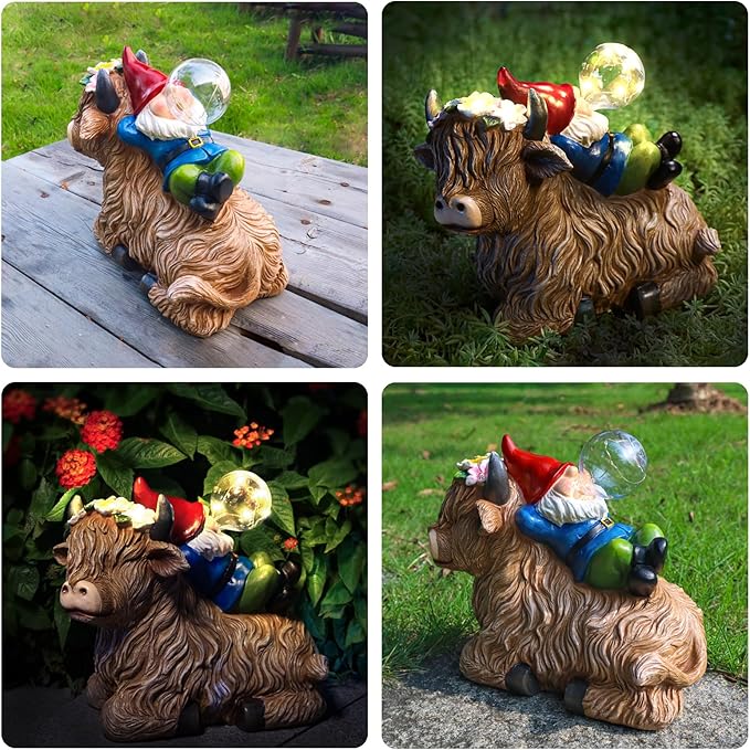 Solar highland cow gnome statue set shown from multiple sides with glowing globe