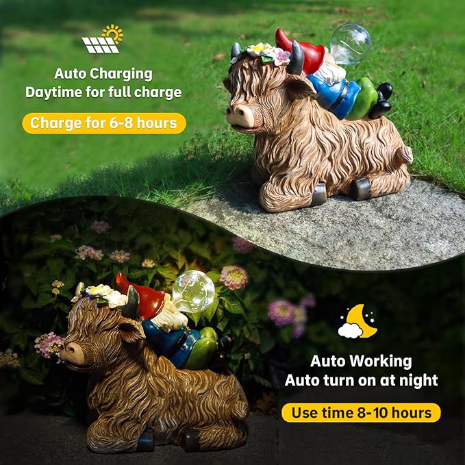 Solar highland cow gnome statue on stone path with glowing solar globe