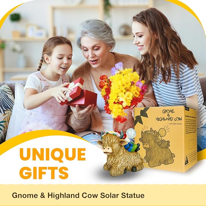 Solar gnome and highland cow solar statue gift box with small glowing figure
