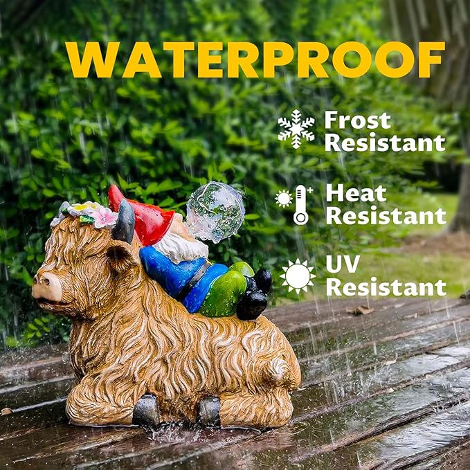 Solar highland cow gnome garden statue with glowing globe and red horns