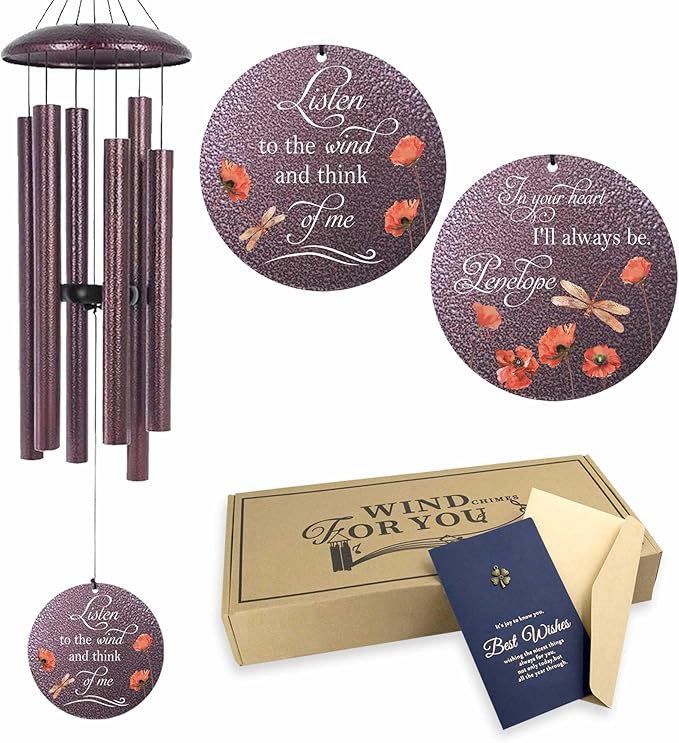 Purple personalized wind chime with three hanging rods and two floral message discs