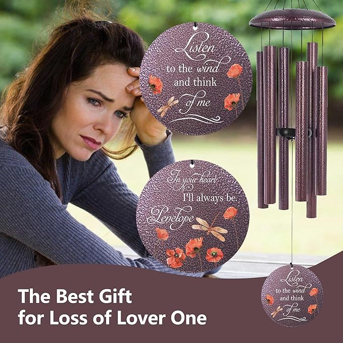 Purple personalized wind chime with three rods and three round floral message discs