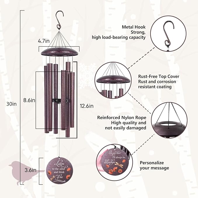 Personalized wind chime diagram showing hook, rust-free top cover, rope, and three rods