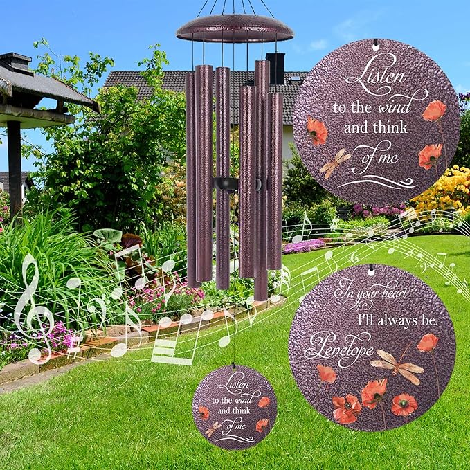 Outdoor purple personalized wind chime with three hanging rods and three round floral message discs