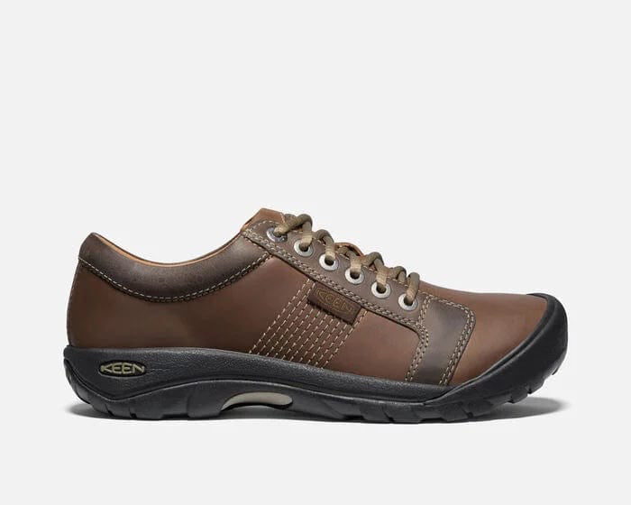 Keen Austin casual leather shoes in brown with contrast stitching, lace-up closure, and black rubber outsole, side view.