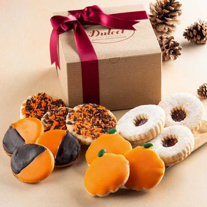 Autumn cookie gift box with burgundy ribbon and assorted cookies on display