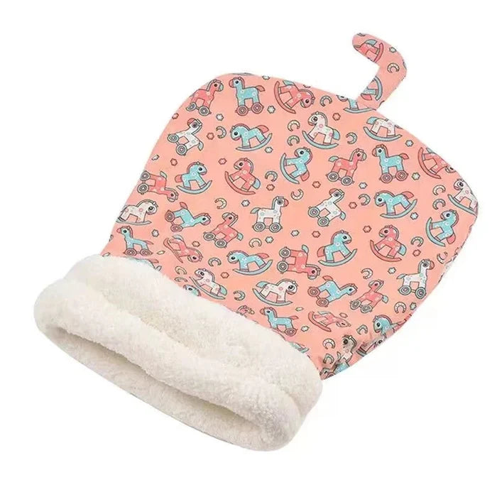 Closed cat sleeping bag with plush rim and pink robot-print cover, open end up