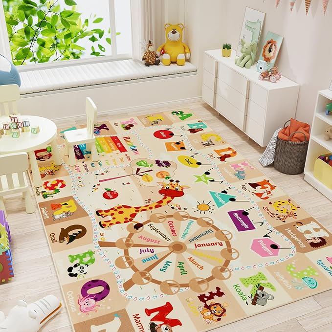 Beige kids play rug with alphabet letters, animals, shapes, and learning calendar circle.