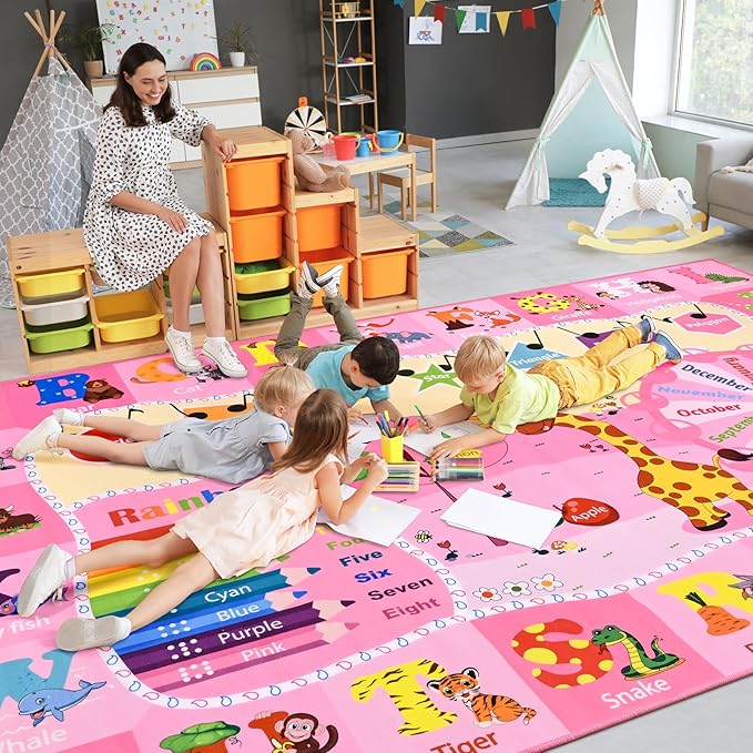 Pink kids play rug with alphabet, numbers, animals, and shapes for learning play