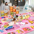 Pink kids play rug with alphabet, numbers, animals, and shapes for learning play