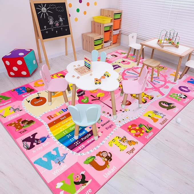 Pink kids classroom rug with alphabet path and animal graphics for table play