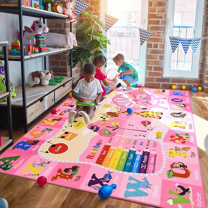 Pink ABC alphabet animal rug with rainbow color bands and number spaces