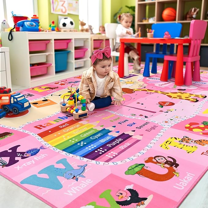 Pink learning rug with rainbow number ladder and colorful animal illustrations