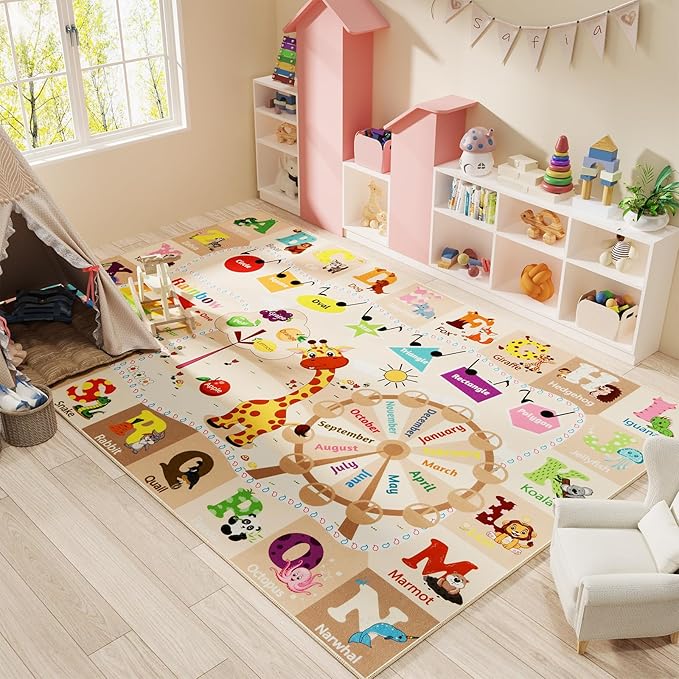 Kids educational play rug with alphabet, animals, and shapes on beige surface