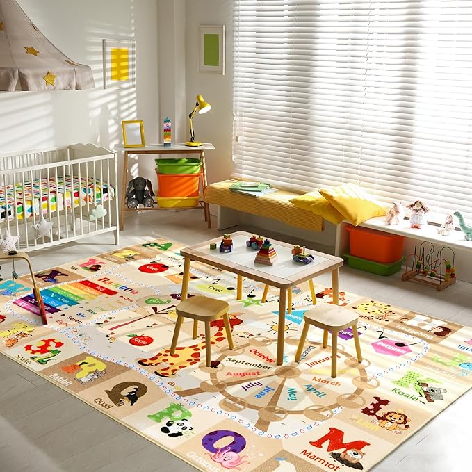 Kids playroom rug with alphabet and animal illustrations on beige background