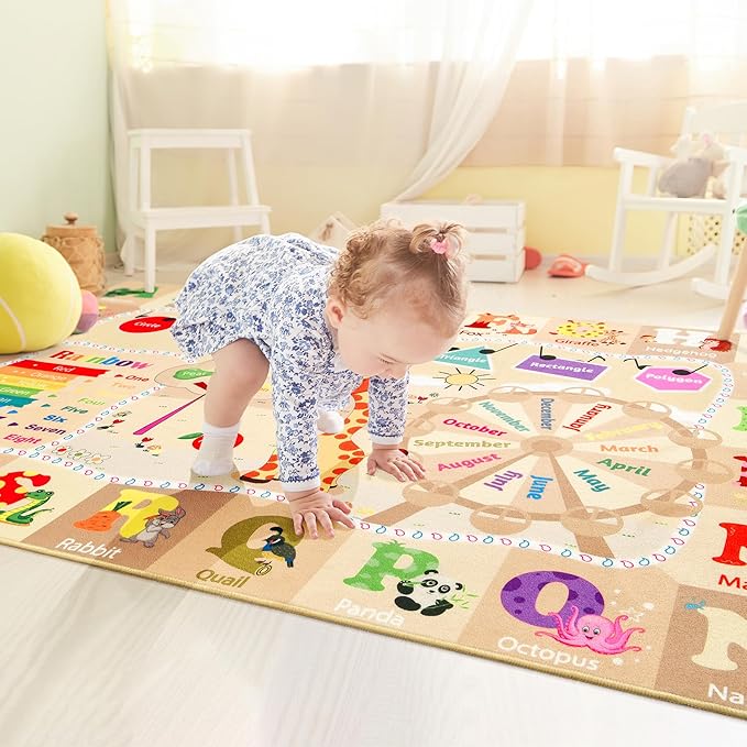 Kids alphabet animal play rug with numbers and months, beige with colorful graphics
