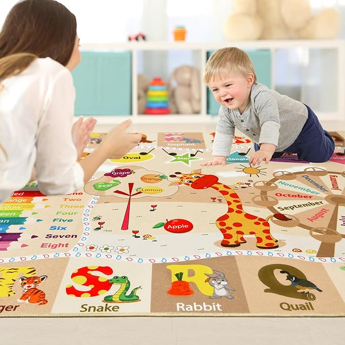 Kids learning rug with animal and number designs on beige background