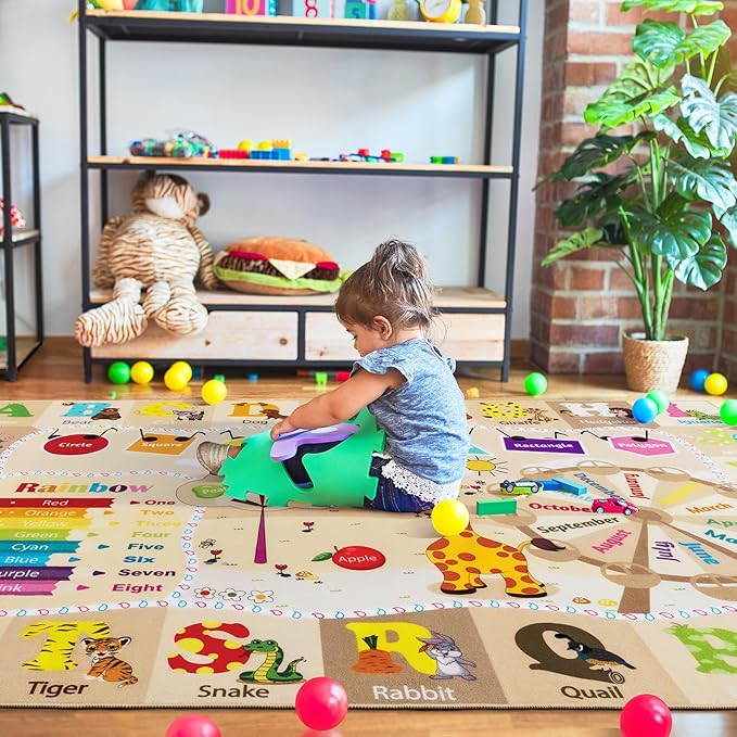 Kids educational floor rug with alphabet and animal prints on beige base