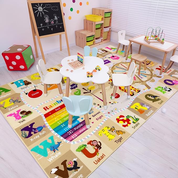 Kids alphabet animal play mat with colorful animal and letter designs, beige background