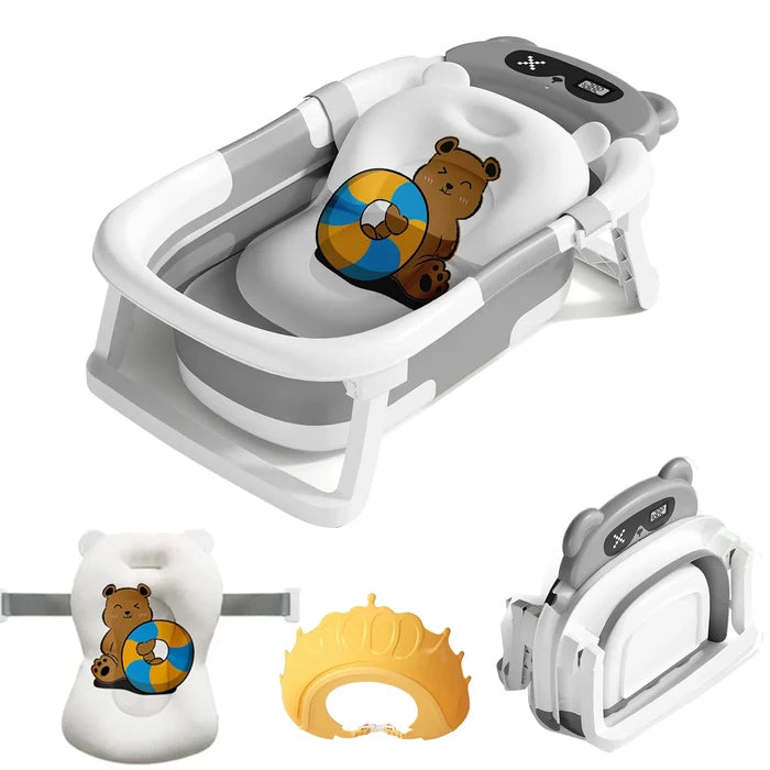 Baby Bath Tub with Cushion – Foldable & Thermometer Safe