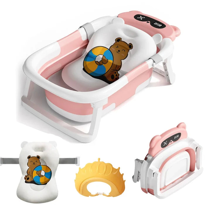 Baby Bath Tub with Cushion – Foldable & Thermometer Safe
