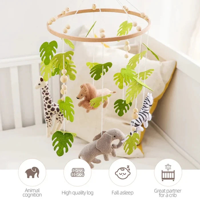 Forest animal crib mobile with wooden hoop and hanging leaf and animal plush toys