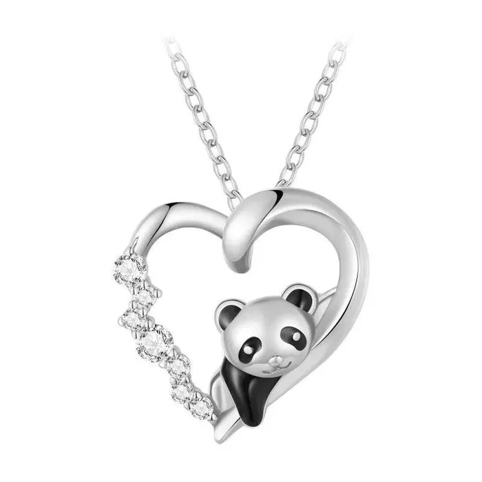 Sterling silver heart pendant necklace with panda face and dangling crystal accents