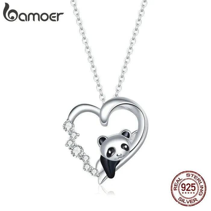 925 sterling silver heart pendant necklace with panda face and crystal accents