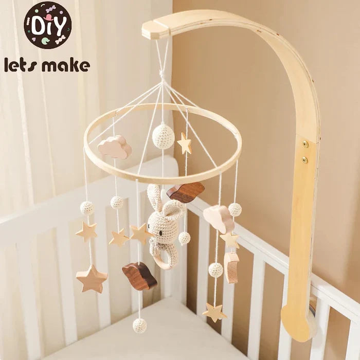 Baby wooden bed bell mobile with crochet rabbit, stars, clouds, and moon rings