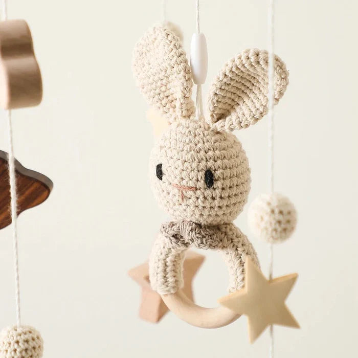 Crochet rabbit bed bell ornament with ring loop and small star charm
