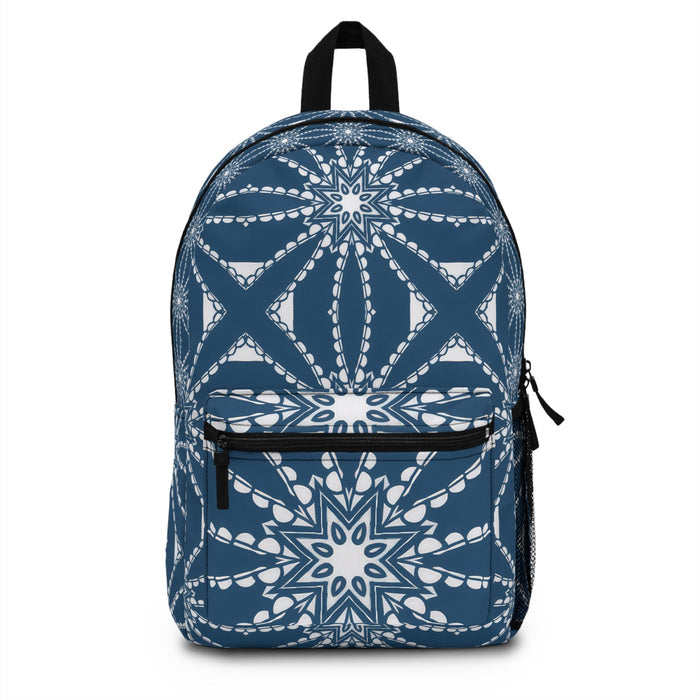 Blue compass print backpack with front zipper pocket and black top handle