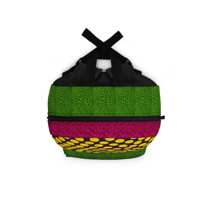 Small backpack top with black cross straps; green top band, yellow dots, magenta strip