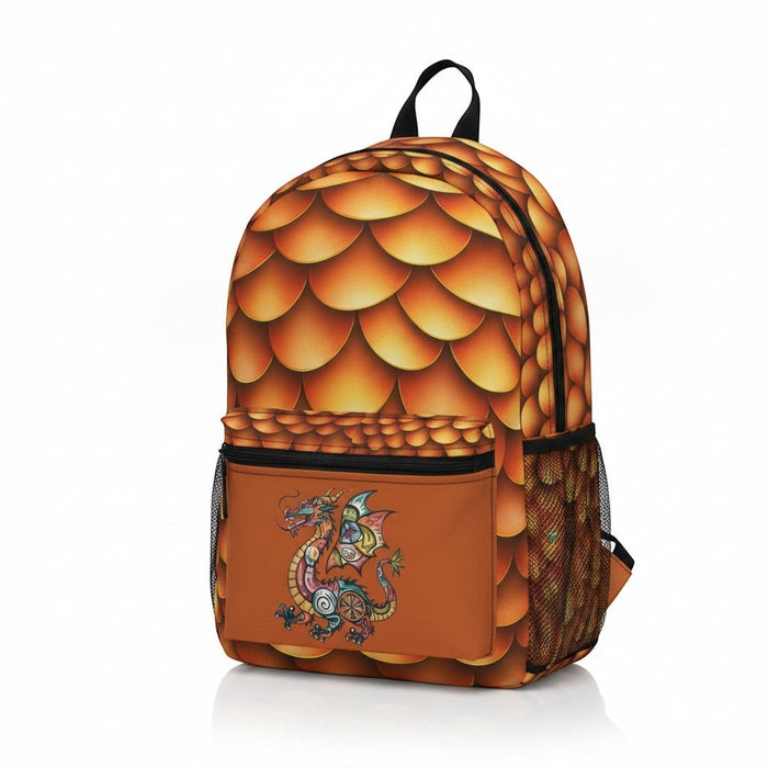 Dragon-scales backpack front view with front pocket zipper and dragon graphic