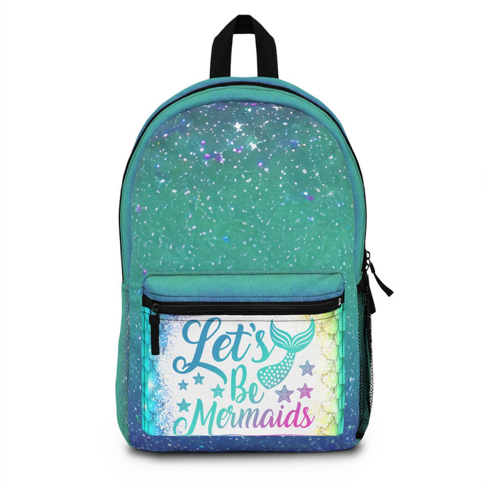 Teal glitter mermaid print backpack with front zip pocket and padded black straps